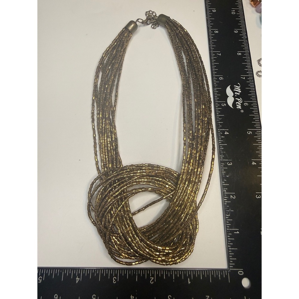 Multi Strand Seed Bead Knot Statement Necklace Bronze Metallic Antique Gold Tone